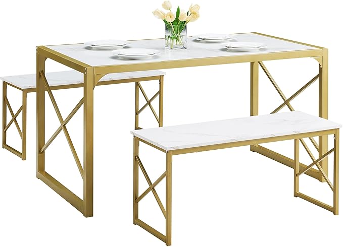 VECELO Kitchen Table with 2 Benches for 4-6,Wood Dining Room Dinette Sets with Metal Frame for Breakfast Nook and Small Space