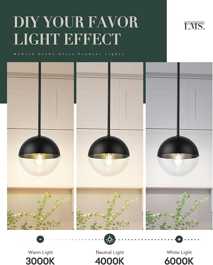 LMS Modern Pendant Lights, Matte Black Kitchen Island Pendant Light Fixtures, Adjustable Hanging Rod Ceiling Light for Dining Room Bathroom Bedroom, LMS-186BKC