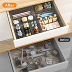 WOWBOX 44 PCS Clear Plastic Drawer Organizer Set, 4 Varied Size storage Bins and Desk Drawer Organizer Trays for Makeup, Gadgets, Jewelry and Utensils in Bathroom, Bedroom and Office, Clear Black