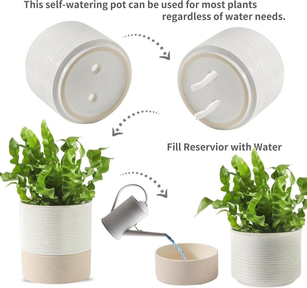Nihow Self Watering Plant Pot for Indoor Plants: 4.5+6 Inch Ceramic Planter with Drainage Hole & Water Storage Plus - Cylinder Flower Pot with Wick for Herbs -White & Brown