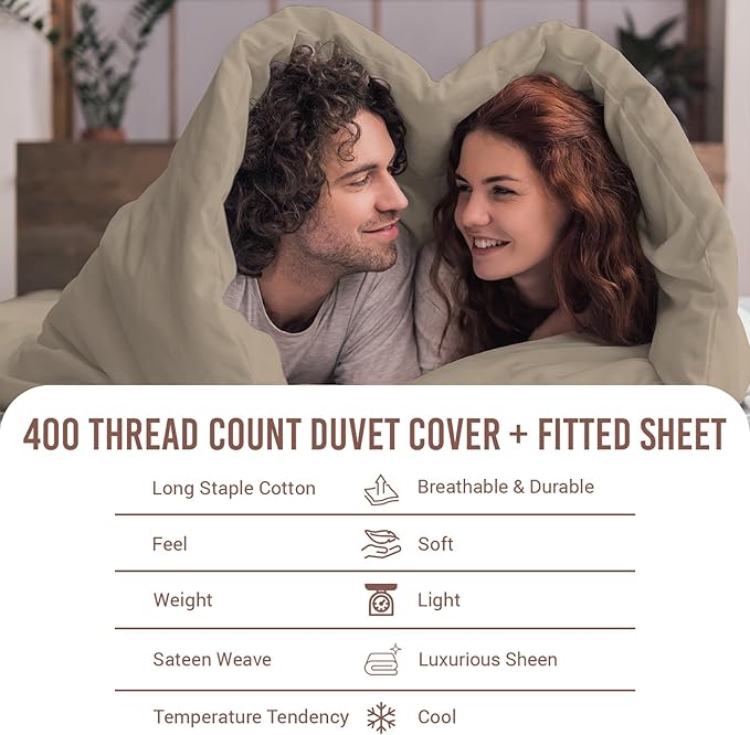 Pizuna 100% Cotton King 3 Pc Duvet Cover + 1 Pc Fitted Sheet Set 400 Thread Count Simply Taupe Sateen Weave Luxurious Long Staple Cotton 4 Piece Bedding Set-1 Duvet Cover,2 Pillow Shams,1 Fitted Sheet