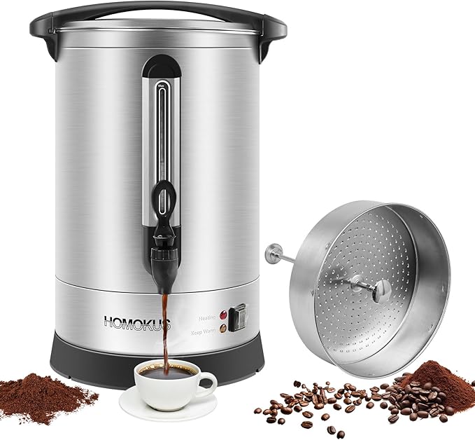 HOMOKUS Commercial Coffee Urn,14.2L Large Coffee Maker,100 Cup Double Wall Stainless Steel Coffee Dispenser,1500W Quick Brew Electric Coffee Percolator with Upgraded Internal Stage for Gathering