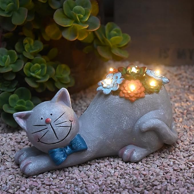 Cat Garden Figurines Outdoor Decor Solar Statue with LED Lights for Patio Lawn Yard Art Decoration Housewarming Garden Gift
