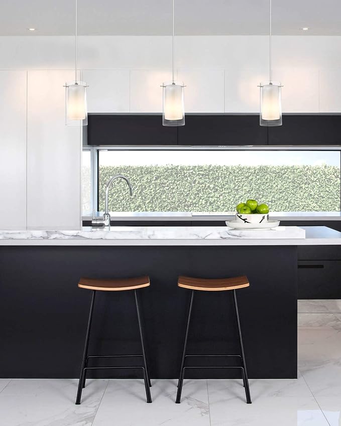 1-Light Pendant Light, Indoor Glass Hanging Light Fixture, Adjustable Height, Brushed Nickel Finish for Kitchen Dining Room, KP-506