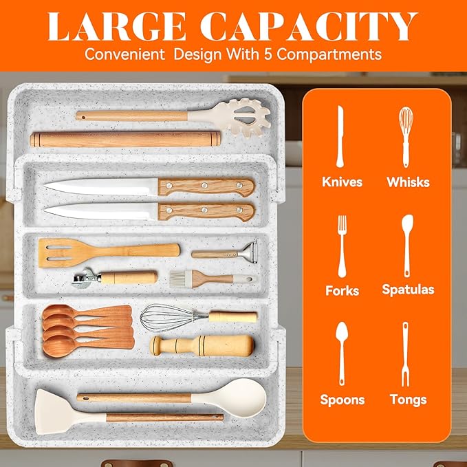 Expandable Large Silverware Organizer, Utensil Drawer Organizer for Kitchen Cutlery, Marble Design， Adjustable Cooking Utensil Tray, Plastic Spatula Tools and Gadgets Storage Divider, White