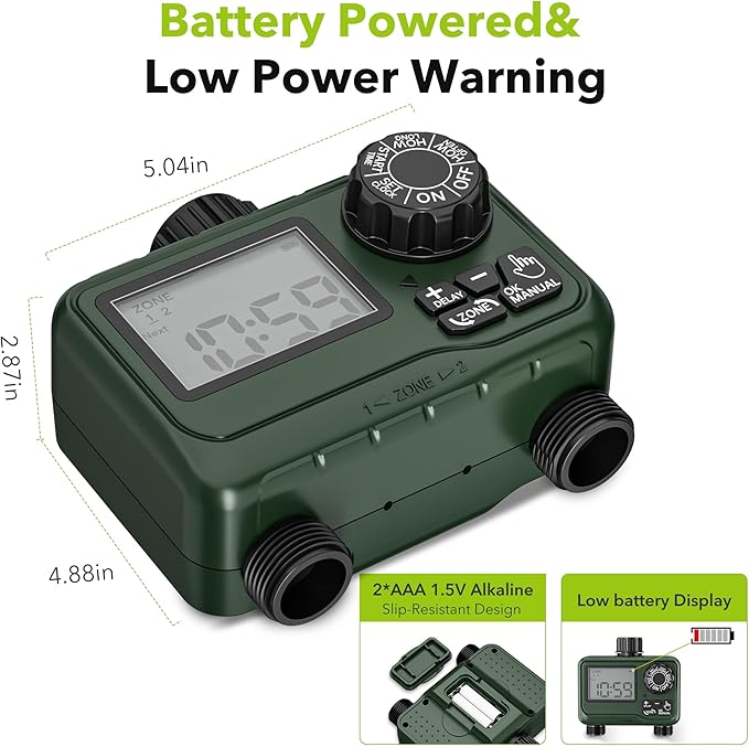 BN-LINK Sprinkler Timer Outdoor - 2 Zone Programmable Water Timer with Rain Delay, Automatic Irrigation System for Lawns & Garden Hoses - Waterproof Manual Controller with Large LCD Display