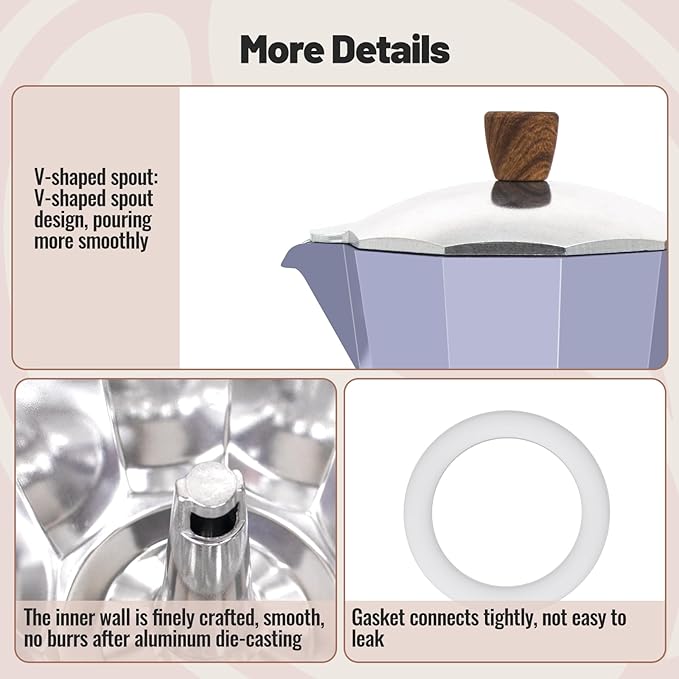 3 Cup Aluminum Moka Pot Purple Classic Stovetop Espresso Coffee Maker 150ml 5oz Coffeemaker Percolator Mocha Pot Greca Coffee Maker Cafe Makers for Italian and Cuban Café Brewing Purple