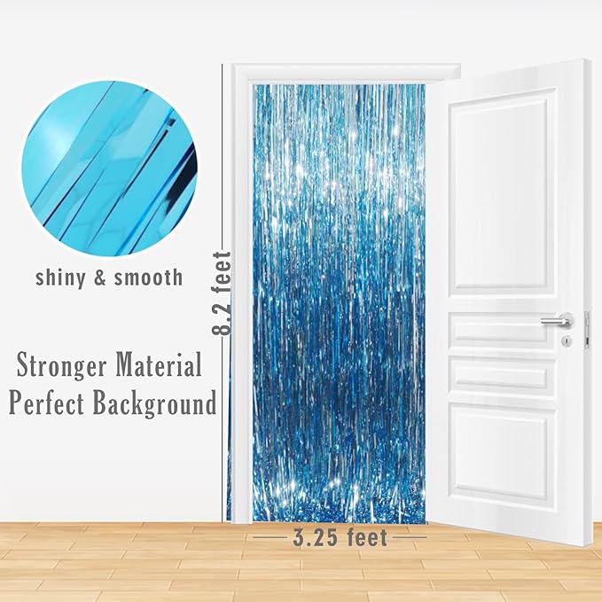 GOER 3.2 ft x 8.2 ft Metallic Tinsel Foil Fringe Curtains Party Photo Backdrop Party Streamers for Birthday,Graduation,New Year Eve Decorations Wedding Decor (Light Blue,5 pcs)