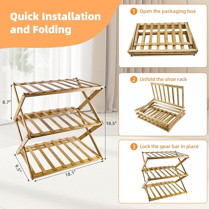 3-Tier Bamboo Shoe Rack, Foldable Shoe Storage Organizer for Closet, Bedroom, Entryway & Living Room - Portable No-Assembly Design, Space-Saving for Shoes & Accessories(3 Tier) (Wood)