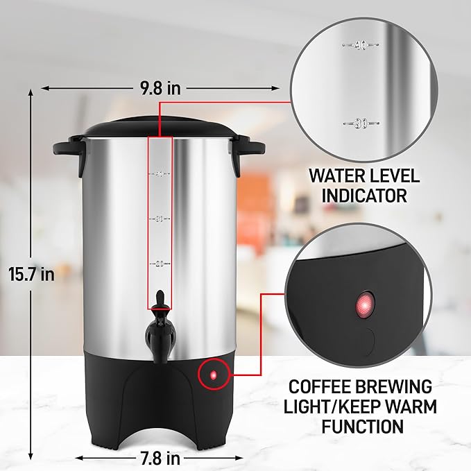 Zulay Commercial Coffee Maker Stainless Steel - Coffee Urn With Twist-Lock Lid & Cool-Touch Handles - Quick-Brewing Coffee Maker With Keep-Warm Mode For Events & Catering - 40 Cup Silver