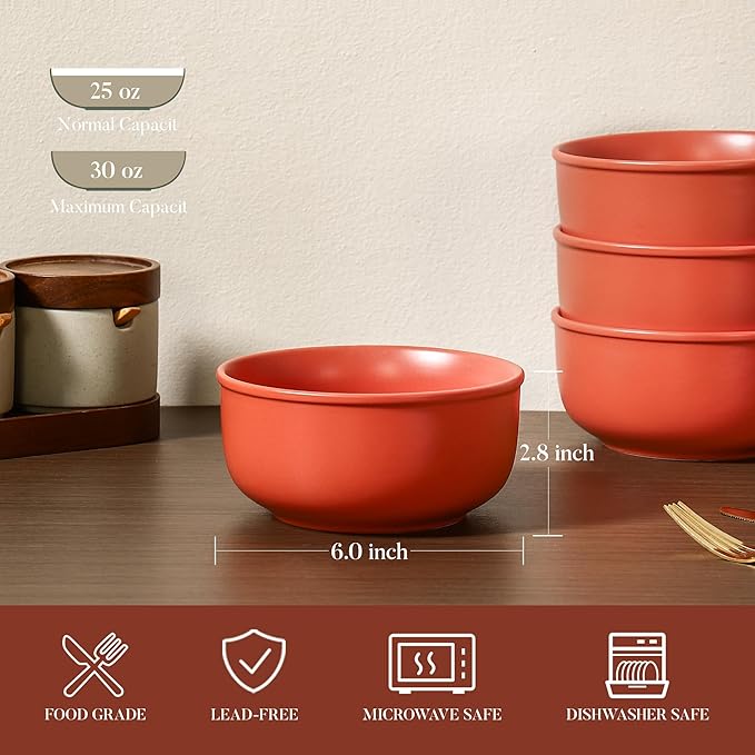 GZG 6-Inch Ceramic Cereal Bowls Set of 4, Rustic Matte Glazed Stoneware Bowls for Cereal, Soup, Salad & Snacks, 30 oz Capacity, Microwave & Dishwasher Safe(Terracotta Blush)