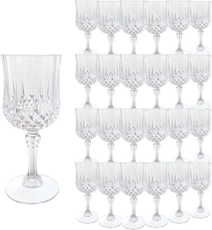 Plastic Wine Glasses，Plastic Goblets Vintage Style Cordial Drinking Glasses for Wedding Reception, Grand Event Party Supplies (24, transparent)