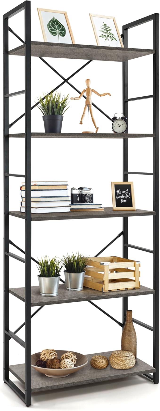 CAPHAUS 5 Tier Bookshelf, 24 Inch Width Free Standing Shelf, Bookcase Shelf Storage Organizer, Industrial Book Shelves for Home Office, Living Room, Kitchen, Dark Grey
