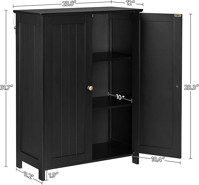 Yaheetech Bathroom Floor Cabinet, Modern Storage Freestanding Organizer Cabinet with Adjustable Shelves & Double Doors, 3-Tier Home Living Room Furniture, Black