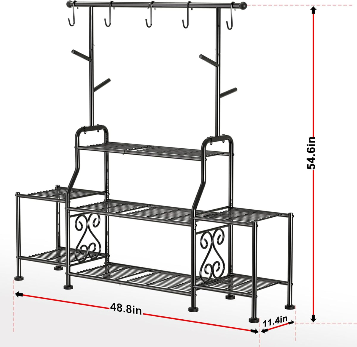 GIOTORENT 3-Tier Tall Metal Plant Stand Indoor Outdoor - Heavy Duty Plant Shelf for Garden, Patio, Balcony with 5 Hanging Hooks, Holds 16-25 Plants, Black