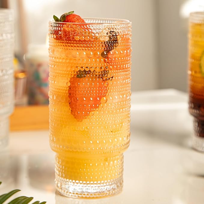 4 Pack Vintage Glassware Drinking Glasses Set, 16 oz Hobnail Glassware, Embossed Clear Water Tumbler, Cocktail Glass Cups for Kitchen and Bar, Perfect for Juice, Iced Coffee, Whiskey, Beer