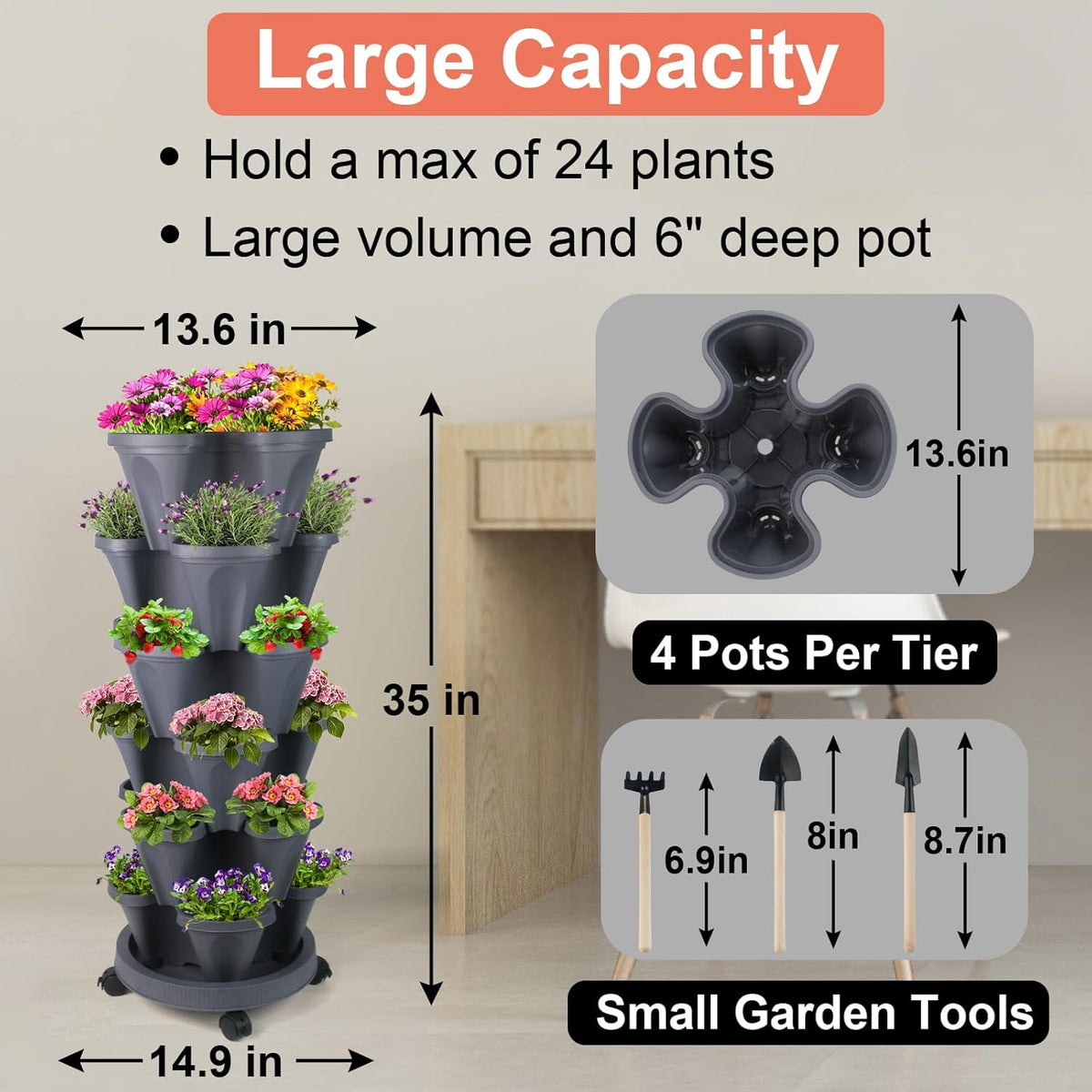 Vertical Planter 6 Tier Stackable Planters Garden Planters Strawberry Herb Flower and Vegetable Planter Indoor Outdoor Gardening Pots with Removable Wheels and Tools