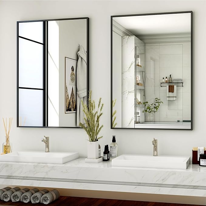 HARRITPURE 24"x36" Framed Bathroom Mirror for Wall Rectangle Mirror Aluminum Alloy Frame Wall-Mounted for Farmhouse Entryway Bedroom Living Room Black