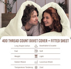 Pizuna 100% Cotton Full 3 Pc Duvet Cover + 1 Pc Fitted Sheet Set 400 Thread Count Off White Sateen Weave Luxurious Long Staple Cotton 4 Piece Bedding Set -1 Duvet Cover, 2 Pillow Shams, 1 Fitted Sheet