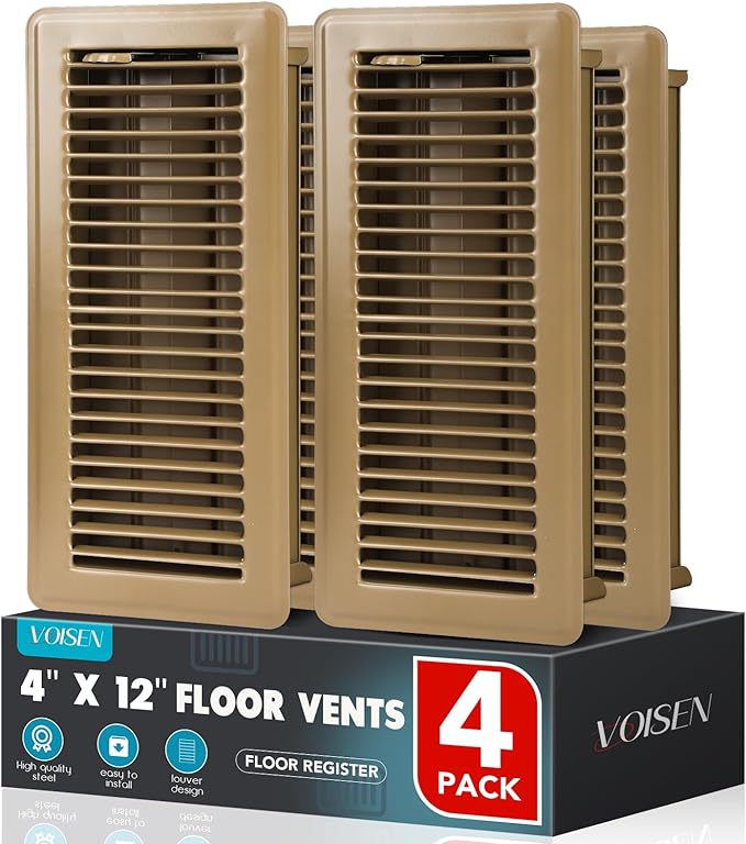 VOISEN Floor Register 4x12, 4 Pack Floor Vent Covers, Steel Adjustable Air Supply Grille Register Vent Cover Grill for Sidewall and Floor, Vent Covers for Home Floor,Brown