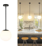 LMS 10 Inch Globe Pendant Lights, Matte Black Mid Century Kitchen Island Light Fixtures with White Globe Glass Shade, Adjustable Hanging Rod, Bar Kitchen Bedroom, LMS-186PL-BKW-10