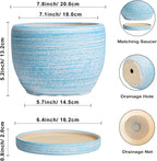 SQOWL Ceramic Planter - 8 inch Pot for Plants Indoor Outdoor, Modern Ceramic Flower Pot with Drainage Hole and Saucer, Decorative Round Planter, Home Office Decor, Plant Lovers Gifts, Blue