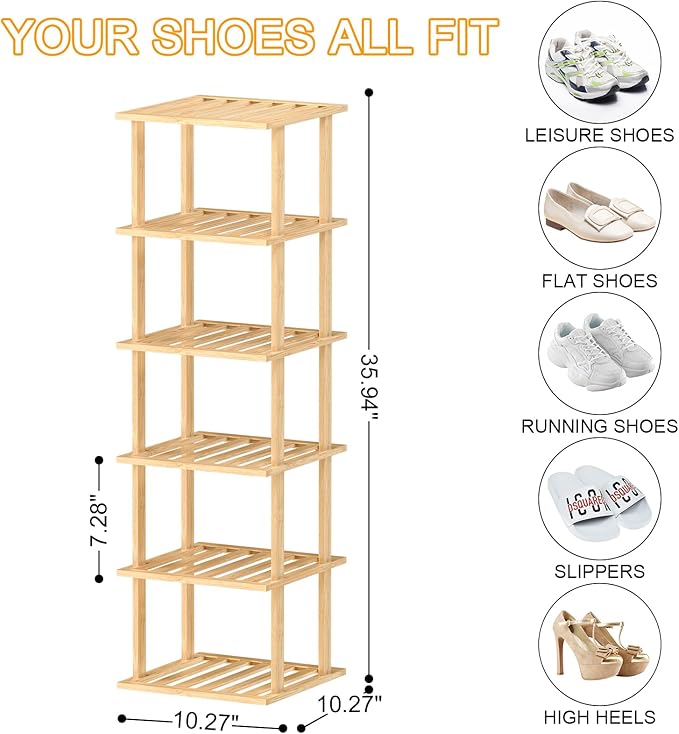 6-Tier Bamboo Shoe Rack - Vertical Shoe Rack for Small Spaces, Tall Narrow Shoe Rack Organizer for Closet Entryway Corner Garage and Bedroom,Free Stackable DIY，Primary Colours