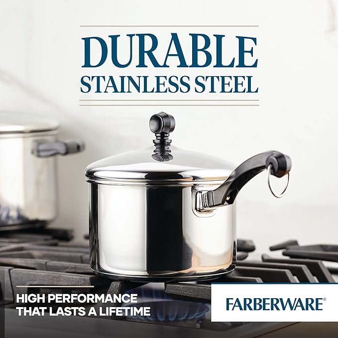 Farberware Classic Stainless Steel 2-Quart Mirror Satin Covered Saucepan, Silver