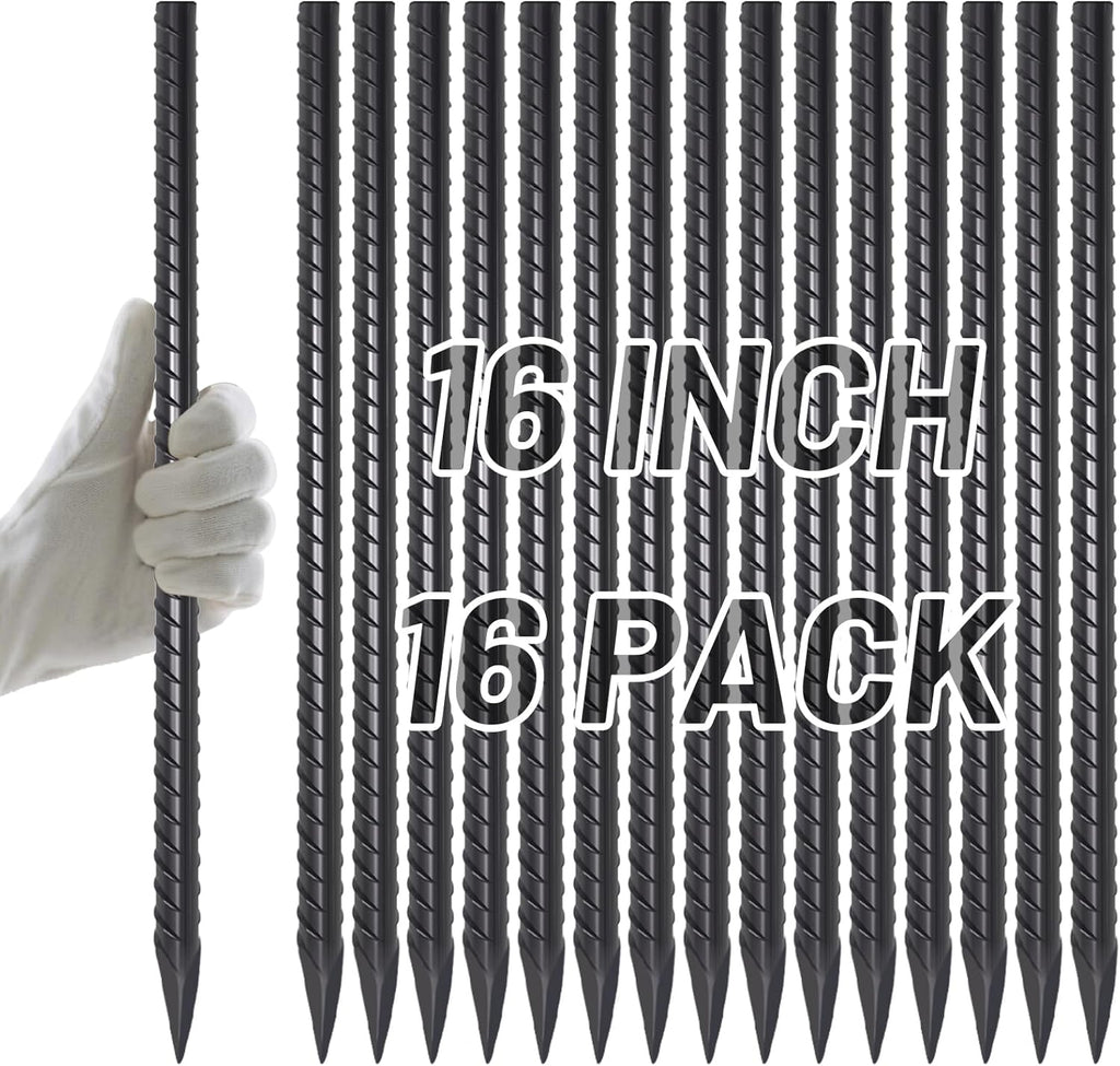 AAGUT 16 Inch Rebar Stakes Heavy Duty 16 Pack 3/8" Diameter Landscape Timber Spikes, Straight Stakes with Chisel Point End, Ground Anchors for Camping Tent, Garden Plant Support, Concrete, Black