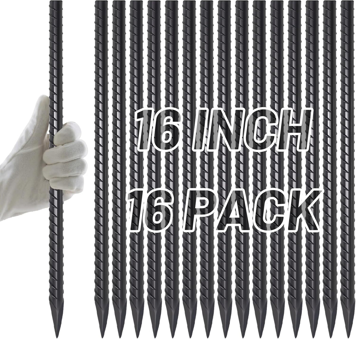AAGUT 16 Inch Rebar Stakes Heavy Duty 16 Pack 3/8" Diameter Landscape Timber Spikes, Straight Stakes with Chisel Point End, Ground Anchors for Camping Tent, Garden Plant Support, Concrete, Black