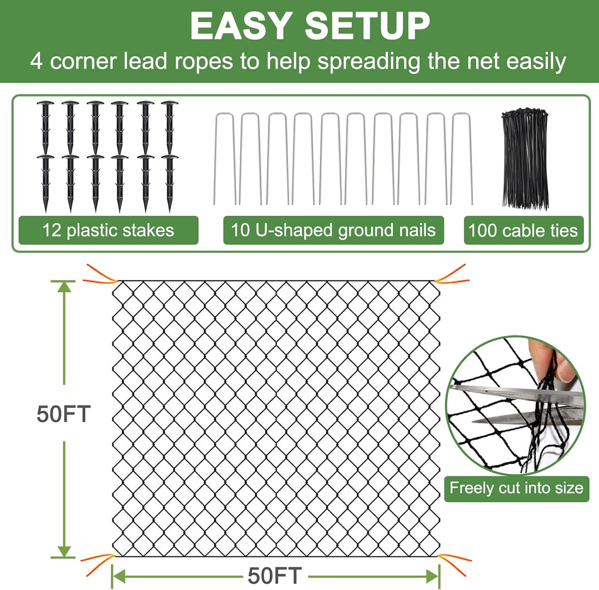 Bird Net - 50' x 50' Garden Netting with 2.4" Square Mesh Protect Fruit Tree, Plant & Vegetables from Poultry, Deer and Pests, Heavy Duty Tree Net for Garden, Farm, Orchard, etc.