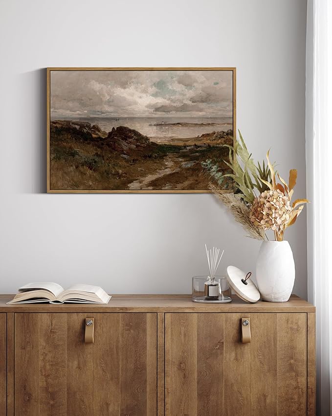 InSimSea Framed Canvas Wall Art Vintage Decor, Seaside Path Wilderness Landscape Paintings Artwork, Large Prints, Retro Wall Decorations for Living Room Bedroom Bathroom, 16"x24"