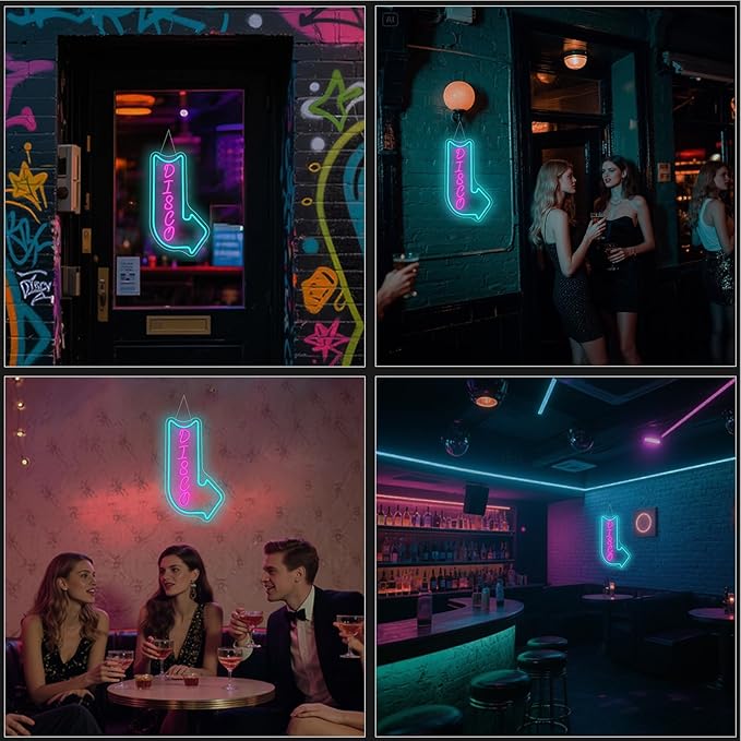 Looklight Disco Neon Signs for Wall Decor Pink Blue LED Word Light Sign Right-Pointing Arrow Neon Light USB Light Up Letters Sign for Disco Lover Music Bar Music Studio Rec Room Bedroom Party Decor