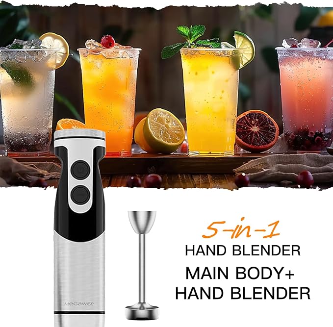 MegaWise Pro Titanium Reinforced 5-in-1 Immersion Hand Blender, Powerful Motor with 80% Sharper Blades, 12-Speed Corded Blender, Including 500ml Chopper, 600ml Beaker, Whisk and Milk Frother (Black)