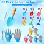 32 Pcs Mini Colorful Metal Garden Tool Set Hand Shovel and Kids Gardening Gloves Set Includes 24 Pcs Shovel Rake Fork with Wooden Handle and 8 Pairs Latex Gloves for Kids Beach Outdoor Birthday Gift