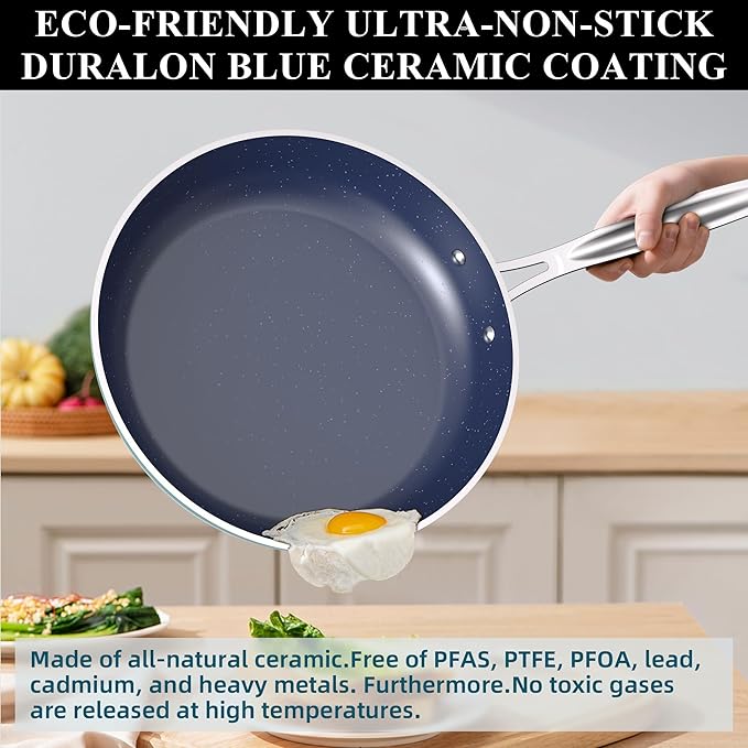 Nuwave 9pc Cookware Set Healthy Duralon Blue Ceramic Nonstick Coated, Diamond Infused Scratch-Resistant, PFAS Free, Oven Safe, Induction Ready & Evenly Heats, Tempered Glass Lids & Stay-Cool Handle