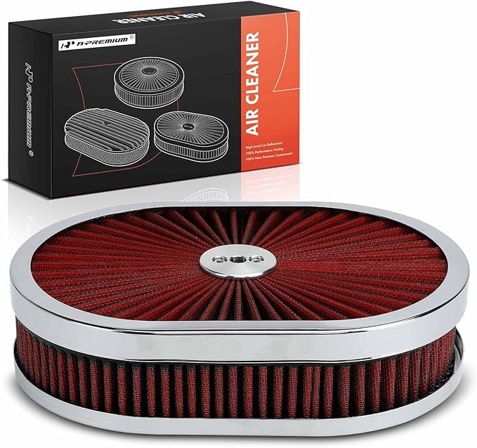 A-Premium Universal Air Cleaner Filter Assembly - 12" x 2", Oval Red Chrome Air Cleaner - Fit For 5-1/8" Carburetor Neck