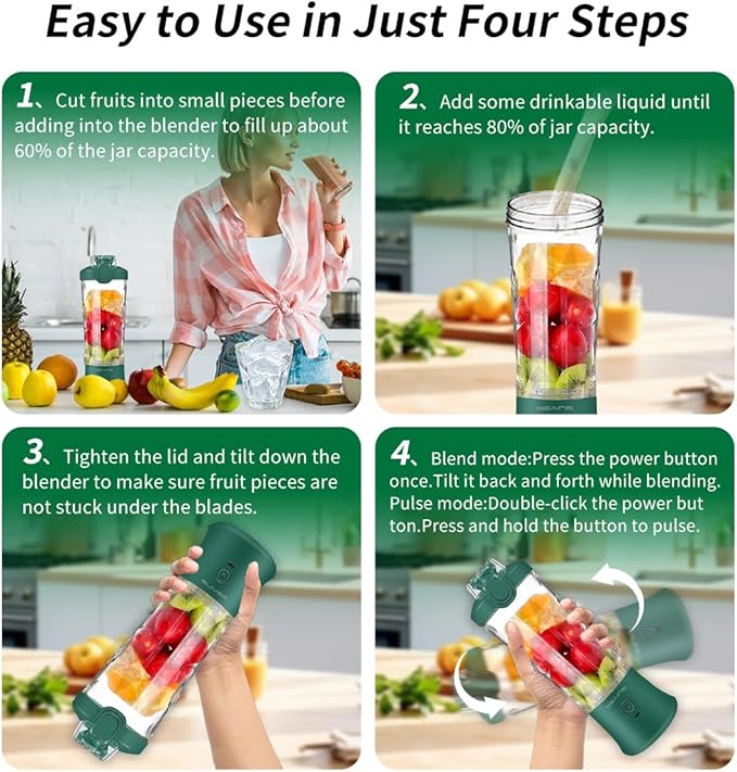 Portable Blender - Personal Blender for Shakes & Smoothies with 20 Oz Travel Cup, 6 Blades & USB Rechargeable for Gym, Kitchen & Outdoors (Green)