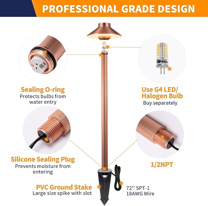 Brass Path Lights Copper, Low Voltage LED Landscape Pathway Lights, 12V Outdoor Waterproof Landscape Lighting(Hat) for Walkway Driveway Garden Yard Without G4 Bulb