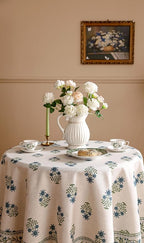 ISAENNE Designer White Linen Round Tablecloth,Chinoiserie Floral Elegant Indoor Table Cloth,Fall Stain Proof Decor Tablecloths for Dining Thanksgiving Kitchen,Diameter 67"-Mosella F