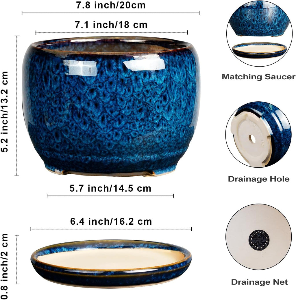 SQOWL Ceramic Planter 8 Inch - Pot for Indoor Outdoor Plants Round Ceramic Plant Pot with Drainage Hole and Saucer Modern Flower Pot Glazed Blue