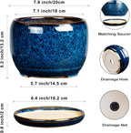 SQOWL Ceramic Planter 8 Inch - Pot for Indoor Outdoor Plants Round Ceramic Plant Pot with Drainage Hole and Saucer Modern Flower Pot Glazed Blue