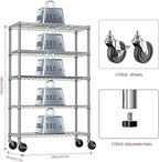 IZEUK 5-Tier Storage Shelving Unit with Wheels, Adjustable Heavy Duty Steel Wire Rack Organizer (Chrome, 17.7" D x 47.2" W x 76.7" H, 1750 lbs Capacity) for Garage, Kitchen, Pantry, Laundry, Basement