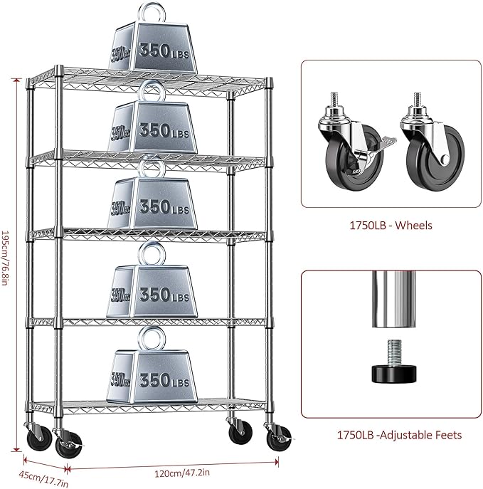 IZEUK 5-Tier Storage Shelving Unit with Wheels, Adjustable Heavy Duty Steel Wire Rack Organizer (Chrome, 17.7" D x 47.2" W x 76.7" H, 1750 lbs Capacity) for Garage, Kitchen, Pantry, Laundry, Basement