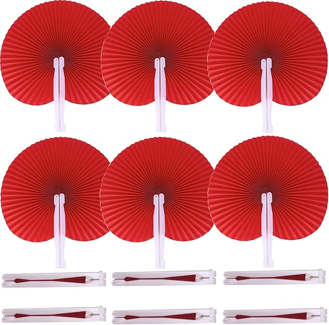 12 Packs Decorative Paper Folding Hand Fans Handheld,Red Round Foldable Wedding Fans Chinese and Japanese Fans Bulk for Bridal Guest Church Party Favors Dancing Birthday DIY