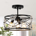 12.6" Semi Flush Mount Ceiling Light 3-Lights Drum Black Ceiling Lighting Vintage Industrial Modern Crystal Flower Light Fixture for Bedroom, Entryway, Kitchen, Dining Room, E12