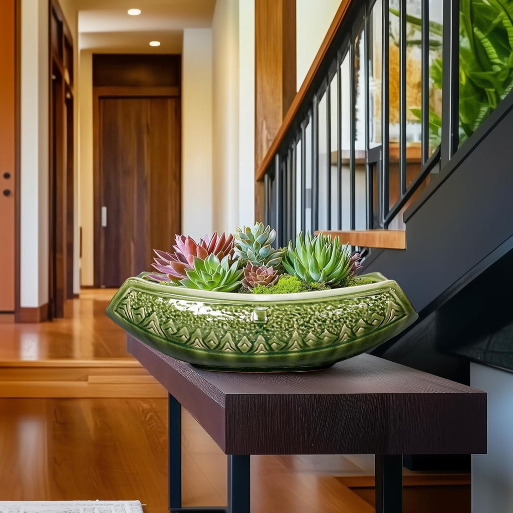 Bonsai Planter 18 Inch - Large Ceramic Succulent Pots with Drainage Hole, Bonsai Pots for Indoor Outdoor Plant, Ceramic Flower Pot, Decorative Plant Pot, Garden Decor, Housewarming Gift, Green