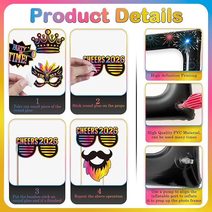 2026 New Year Photo Booth Inflatable Frame Kit, 30Pcs Colorful Neon New Years Photo Booth Props with Inflatable Picture Frame for New Year Eve Party Selfie Props Supplies