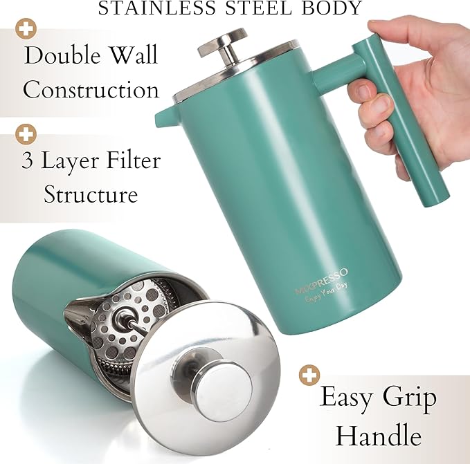 Mixpresso Green Stainless Steel French Press Coffee Maker 26 Oz 770 Ml, Double Wall Insulated French Press Stainless Steel, Easy Clean Tea Brewer, Easy Press Durable Metal Coffee Press