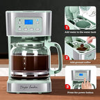 Taylor Swoden 12-Cup Programmable Coffee Maker, Regular & Strong Brew Drip Coffee Machine for Home and Office, Glass Carafe, Pause & Serve, Auto Shut Off, Green & Stainless Steel